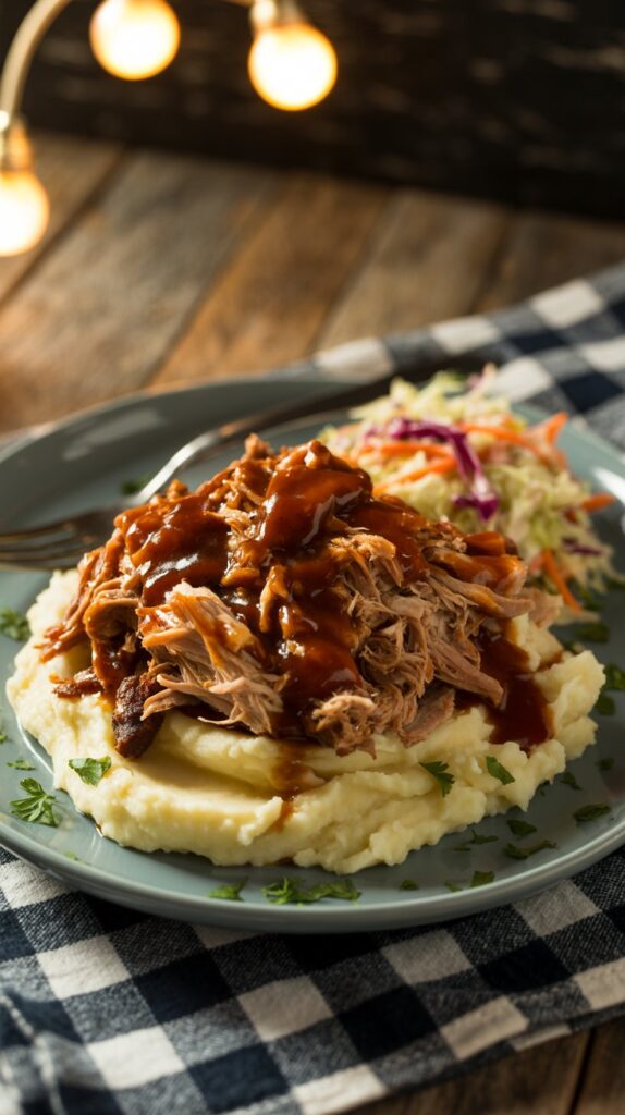 a bowl of mashed potatoes topped with pulled bbq polrk beside a serving of cole slaw