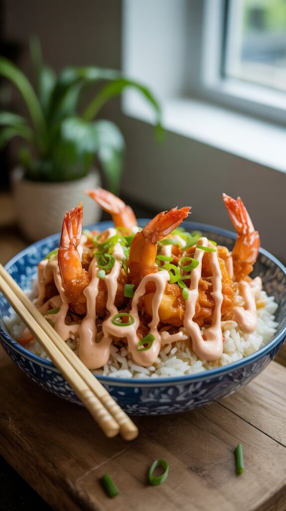 a bowl of rice with crispy shrimp topped with sauce and garnished with green onion