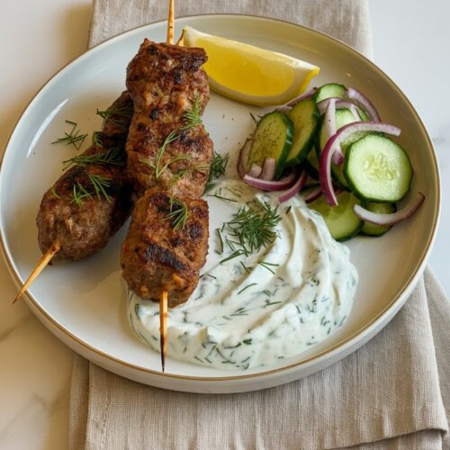 a plate with 2 skewers of beef kofta and cucumbler salad on the side with a lemon slice and a pile of tzatziki sauce