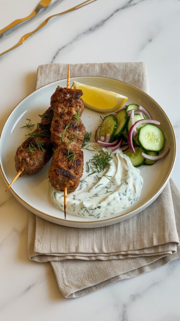 a plate with 2 skewers of beef kofta and cucumbler salad on the side with a lemon slice and a pile of tzatziki sauce