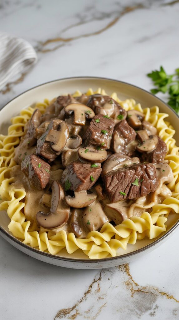 spiral noodles with beef tip stroganoff on top with plenty of sliced mushrooms and creamy sauce