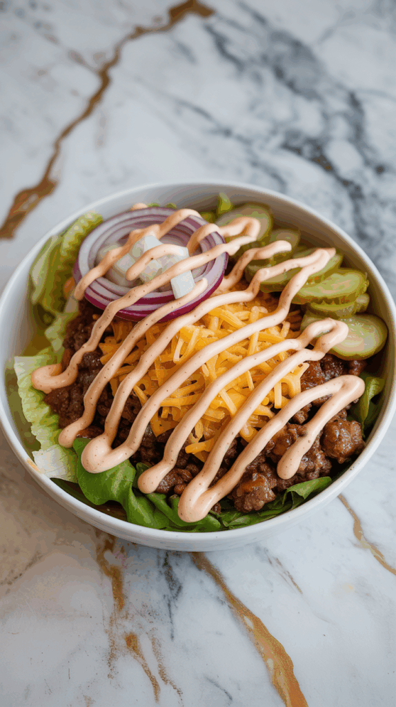 A burger bowl with seasoned ground beef, shredded cheddar, lettuce, pickles, diced onion, and drizzle of creamy sauce, served in a white bowl on a white countertop with grey and gold veining.