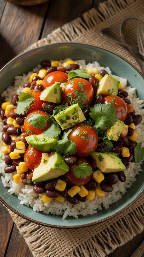 a bowl of rice with beans, corn, tomatoes and avocado chunks