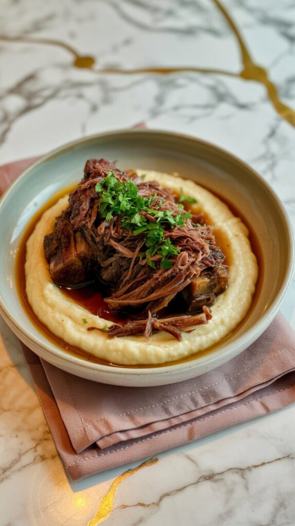 a bowl of cauliflower and parsnips mashed topped with shredded short ribs and garnished with parsley