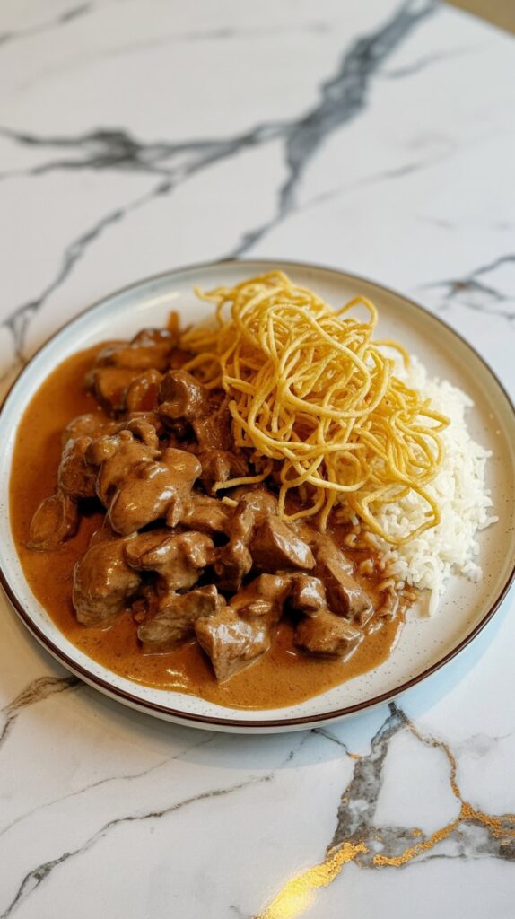 beef stroganoff on a plate over white rice and topped with shoestring potatoes