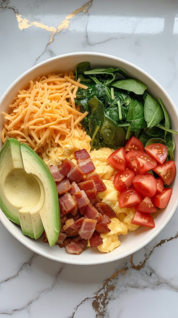 A breakfast bowl with scrambled eggs, chopped bacon, avocado slices, shredded cheddar, sautéed spinach, and diced tomatoes, served in a white bowl on a white countertop with grey and gold veining.