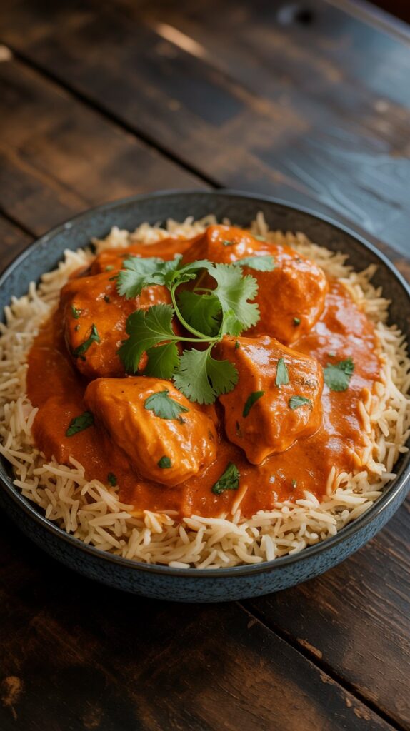 a bowl of rice with chunks of chicken and orange sauce garnished with herbs