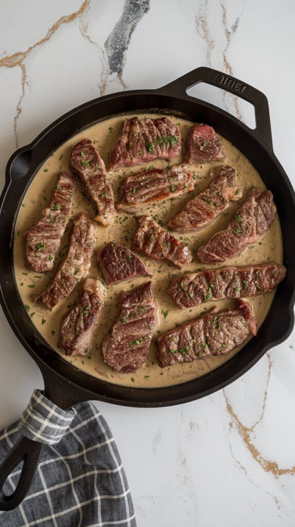 A cast iron skillet filled with seared ribeye strips in creamy sauce
