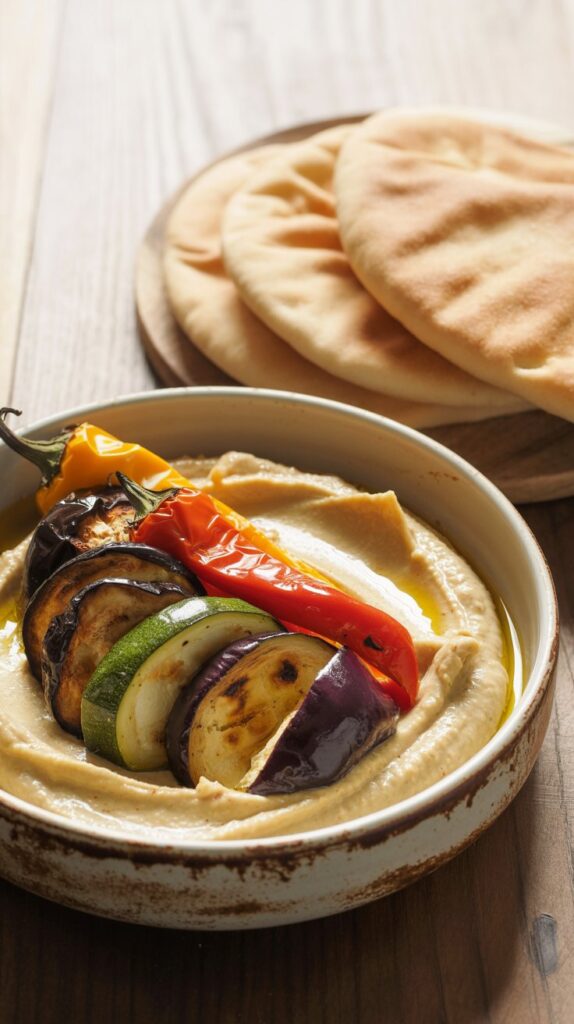 a bowl of hummus topped with roasted squash, hot peppers and other veggies with pita bread