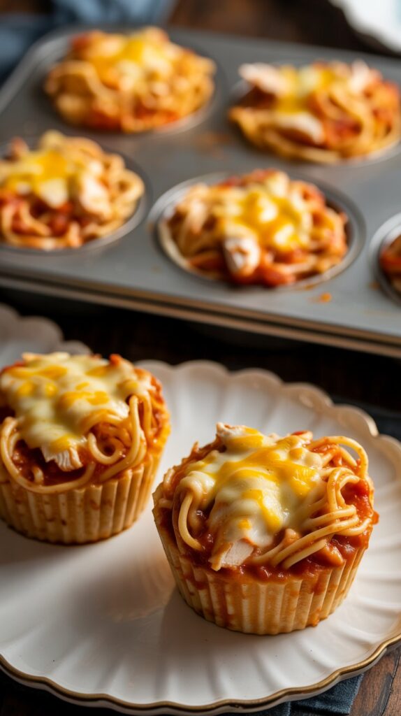 muffin tins filled with spaghetti base and filled with more spaghetti and sauce, chicken and melted cheese on top