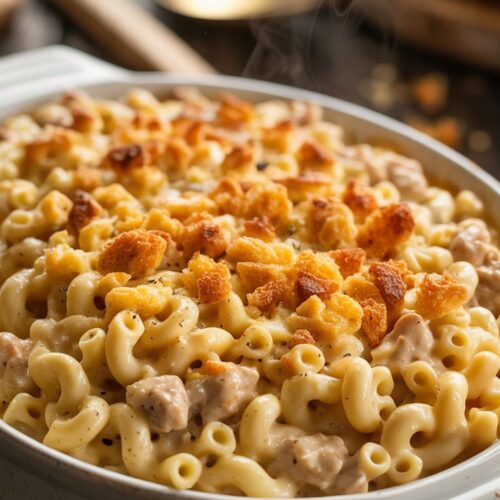 A flavorful serving of Chicken Helper with Garlic Bread Crust, presented in a cozy kitchen setting. The dish features creamy macaroni coated in a rich, cheese sauce, with bits of ground chicken throughout