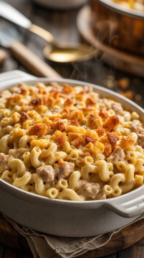 A flavorful serving of Chicken Helper with Garlic Bread Crust, presented in a cozy kitchen setting. The dish features creamy macaroni coated in a rich, cheese sauce, with bits of ground chicken throughout