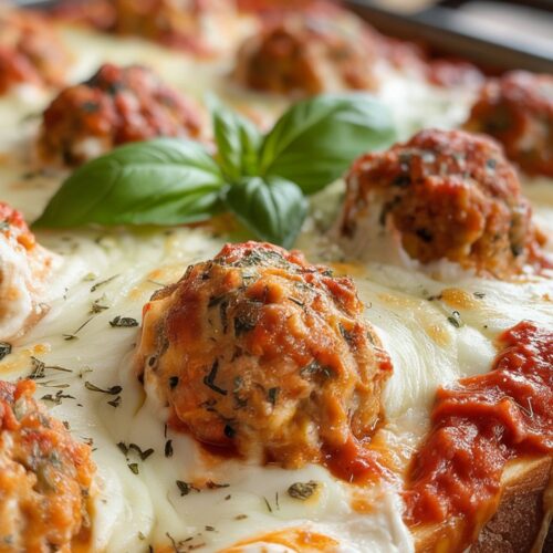 A close-up shot of Chicken Meatball Sub Casserole, fresh out of the oven. The dish features a bubbly layer of mozzarella and Parmesan cheese, golden and slightly crispy. Beneath the cheese, juicy chicken meatballs are nestled in a rich marinara sauce, resting atop thick slices of toasted Italian bread
