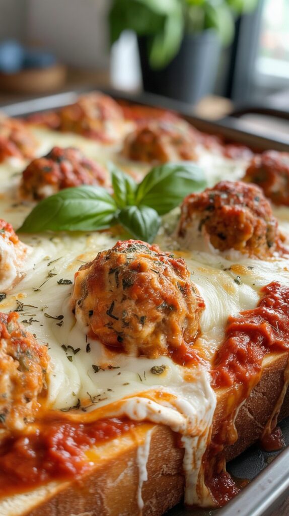 A close-up shot of Chicken Meatball Sub Casserole, fresh out of the oven. The dish features a bubbly layer of mozzarella and Parmesan cheese, golden and slightly crispy. Beneath the cheese, juicy chicken meatballs are nestled in a rich marinara sauce, resting atop thick slices of toasted Italian bread