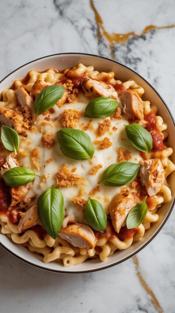 bowl of creamy mac and cheese with diced chicken