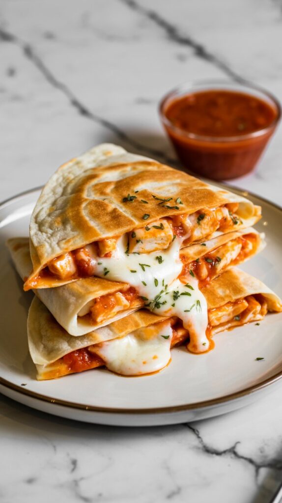 A plate of Chicken Pizza Quesadillas neatly stacked, featuring a golden crisp tortilla exterior. Gooey mozzarella cheese oozes from the edges, with visible pieces of chicken mixed with vibrant pizza sauce peeking through