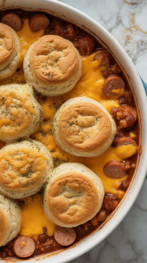 Chicken Sausage Chili Cheese Casserole, fresh from the oven. The dish features a bubbling layer of melted cheddar cheese and golden biscuits, gently resting on a rich base of chili and chicken sausages