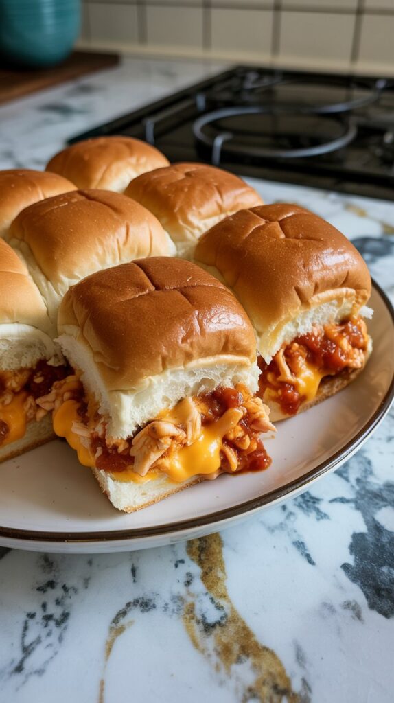 **Alt Text:** Chicken Sloppy Joe Sliders on Hawaiian rolls arranged on a wooden serving tray. Each slider features a soft, golden Hawaiian roll stuffed with ground chicken in a tangy sauce, topped with melted cheddar cheese. The tops of the rolls have a glossy, buttery finish, with a few sliders pulled apart to showcase the savory filling. A family-friendly dish perfect for a cozy dinner setting.
