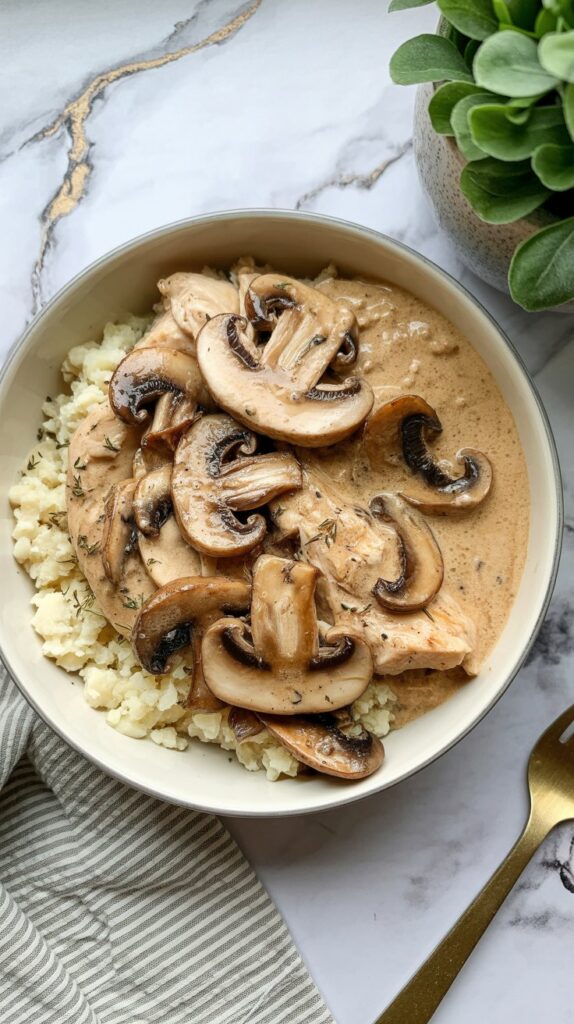 A creamy chicken and mushroom bowl with sliced sautéed mushrooms in a garlic cream sauce, served over cauliflower rice in a white bowl on a white countertop with grey and gold veining.