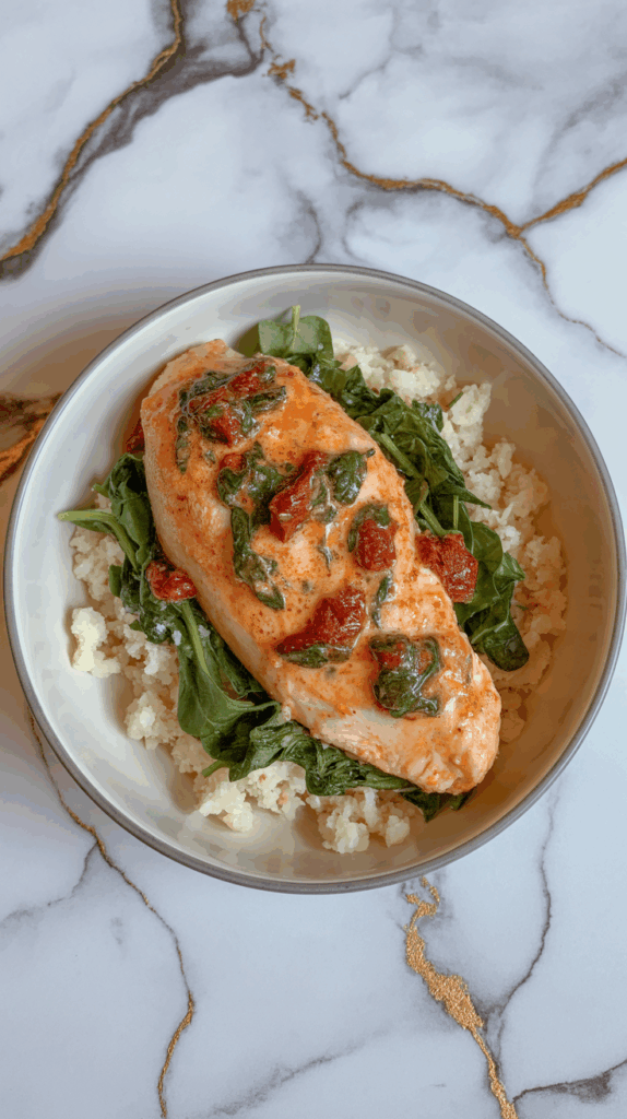 Juicy chicken in a creamy sun-dried tomato and spinach sauce, served over cauliflower rice in a white bowl, placed on a white countertop with grey and gold veining.