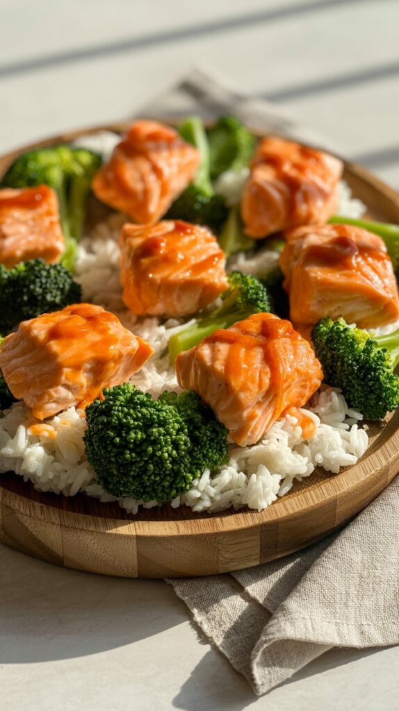 a plate with ride, bright orange spicy salmon bites and broccoli