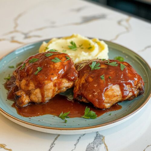 Two saucy BBQ chicken thighs served on a plate with a side of mashed potatoes. Glazed with barbecue sauce and garnished with parsley.