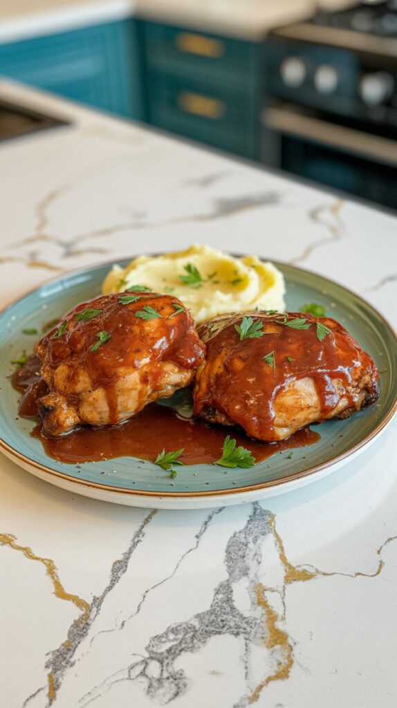 Two saucy BBQ chicken thighs served on a plate with a side of mashed potatoes. Glazed with barbecue sauce and garnished with parsley.