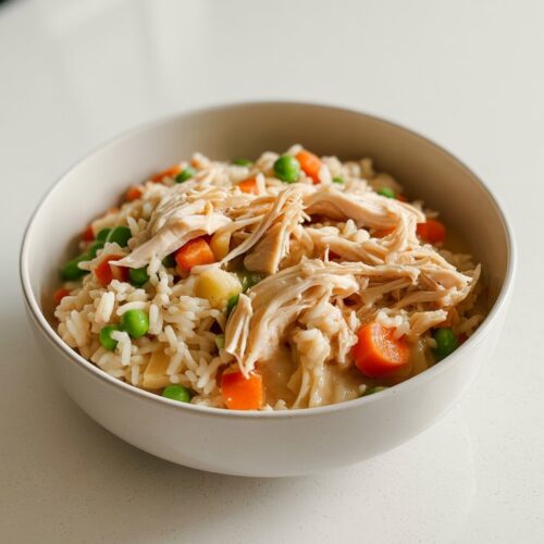 White bowl of crockpot chicken and rice with peas and carrots on a white quartz countertop. 45-degree angle, even lighting, no shadows. Shredded chicken, fluffy rice, and colorful veggies visible. Minimalist, clean kitchen setting.