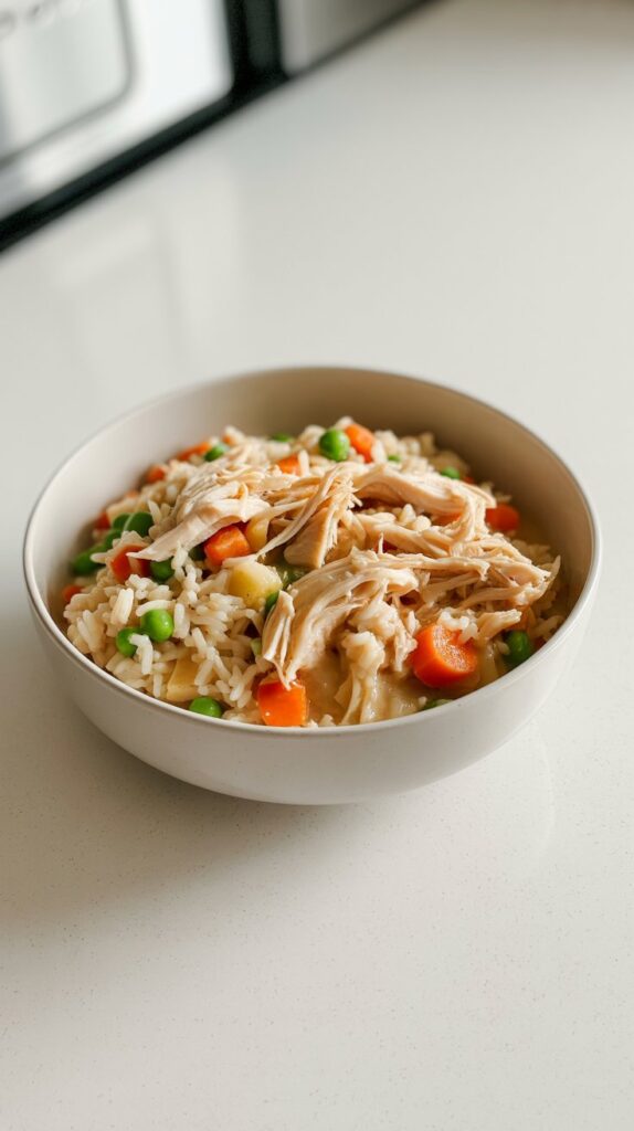 White bowl of crockpot chicken and rice with peas and carrots on a white quartz countertop. 45-degree angle, even lighting, no shadows. Shredded chicken, fluffy rice, and colorful veggies visible. Minimalist, clean kitchen setting.