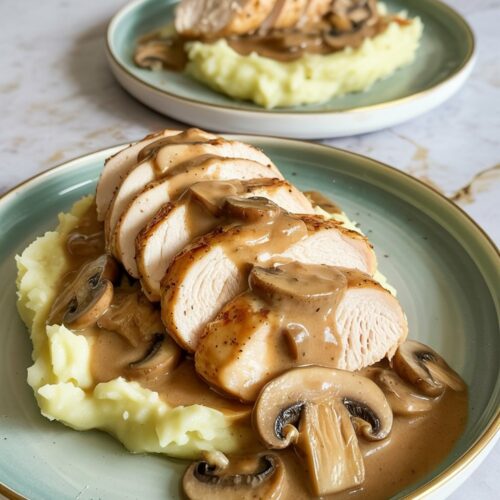 Sliced chicken breast in creamy mushroom sauce with visible mushroom slices, served over mashed potatoes.