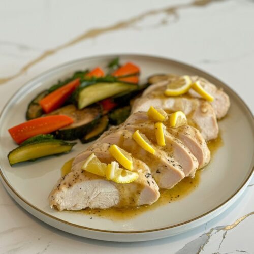 Sliced chicken breast topped with lemon-garlic sauce, served with a side of roasted vegetables.