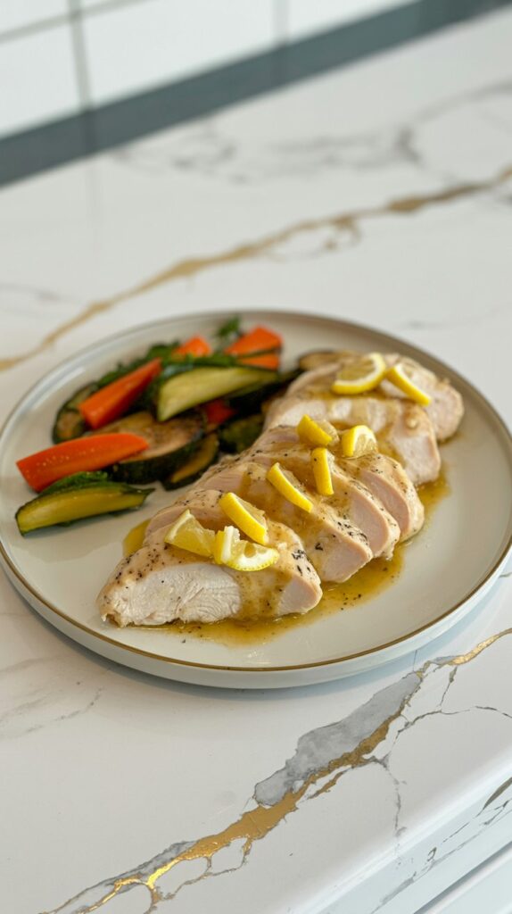 Sliced chicken breast topped with lemon-garlic sauce, served with a side of roasted vegetables.
