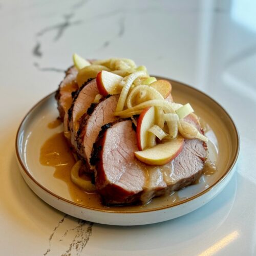 Sliced pork tenderloin topped with cooked apples and onions on a small white dinner plate. Light sauce drizzled on top.