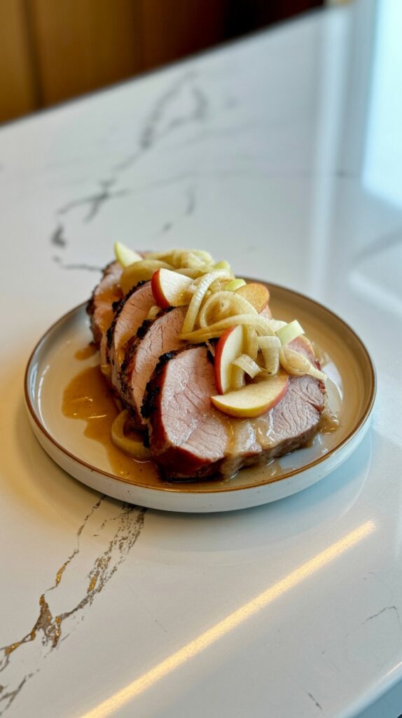 Sliced pork tenderloin topped with cooked apples and onions on a small white dinner plate. Light sauce drizzled on top.