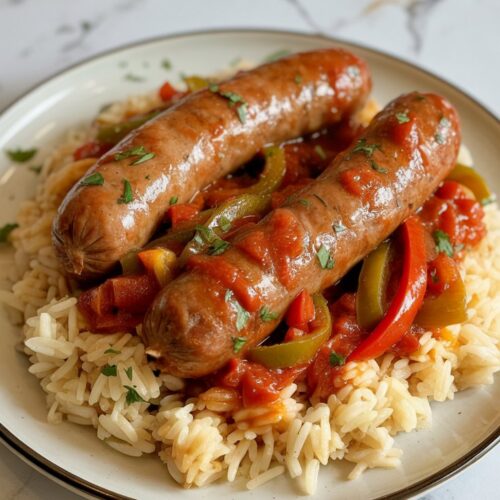 wo Italian sausage links with sautéed peppers and onions in marinara, plated over rice.