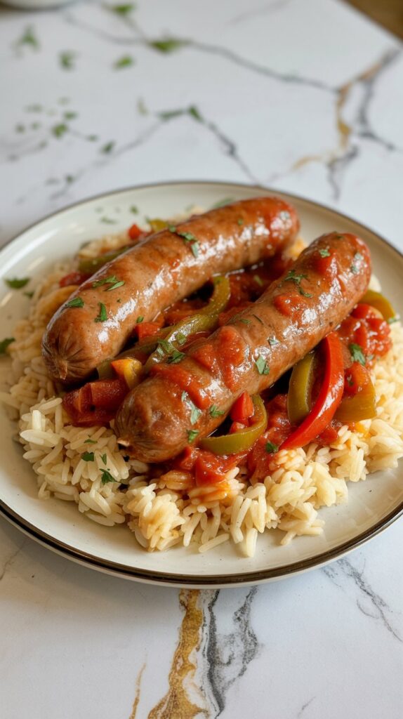 wo Italian sausage links with sautéed peppers and onions in marinara, plated over rice.