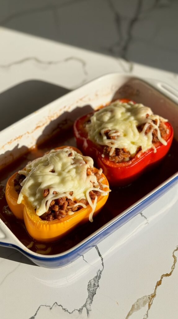 Two stuffed bell peppers filled with ground beef and rice, topped with melted cheese.
