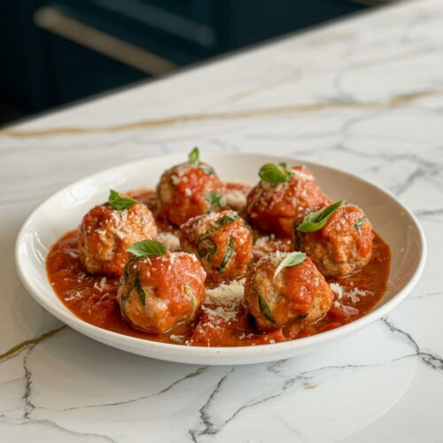 Six turkey meatballs in marinara sauce, served in a white shallow bowl. Garnished with basil and a sprinkle of Parmesan