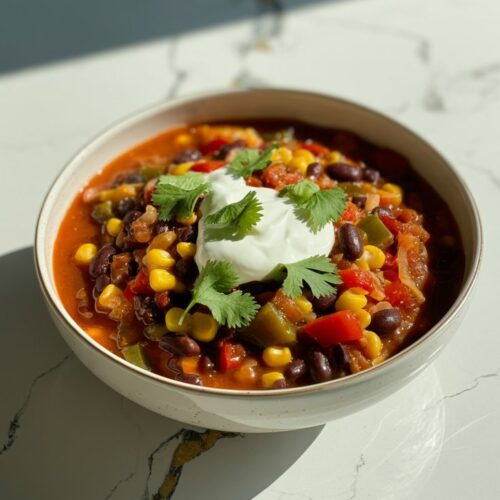 A bowl of veggie chili with black beans, corn, and peppers, garnished with a dollop of sour cream and fresh cilantro.