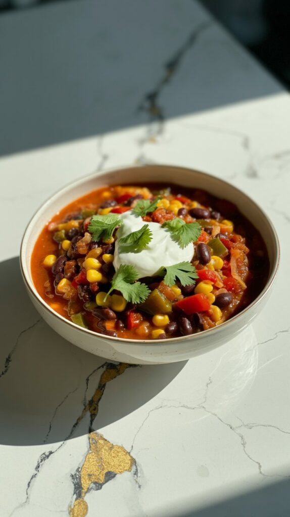 A bowl of veggie chili with black beans, corn, and peppers, garnished with a dollop of sour cream and fresh cilantro.