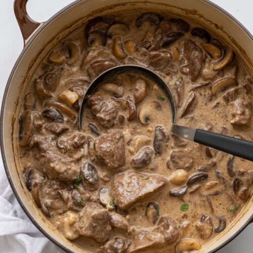 a pot of beef stroganoff with a ladel scooping rich and creamy beef, mushroom and sauce