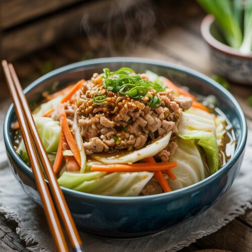a bowl with cabbage and ground meet with carrots and onions