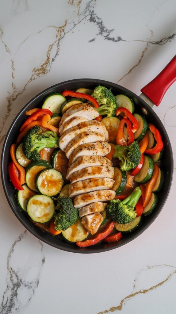 A red skillet filled with sliced chicken breast and stir-fry vegetables like broccoli, bell peppers, and zucchini, lightly glazed with sauce.