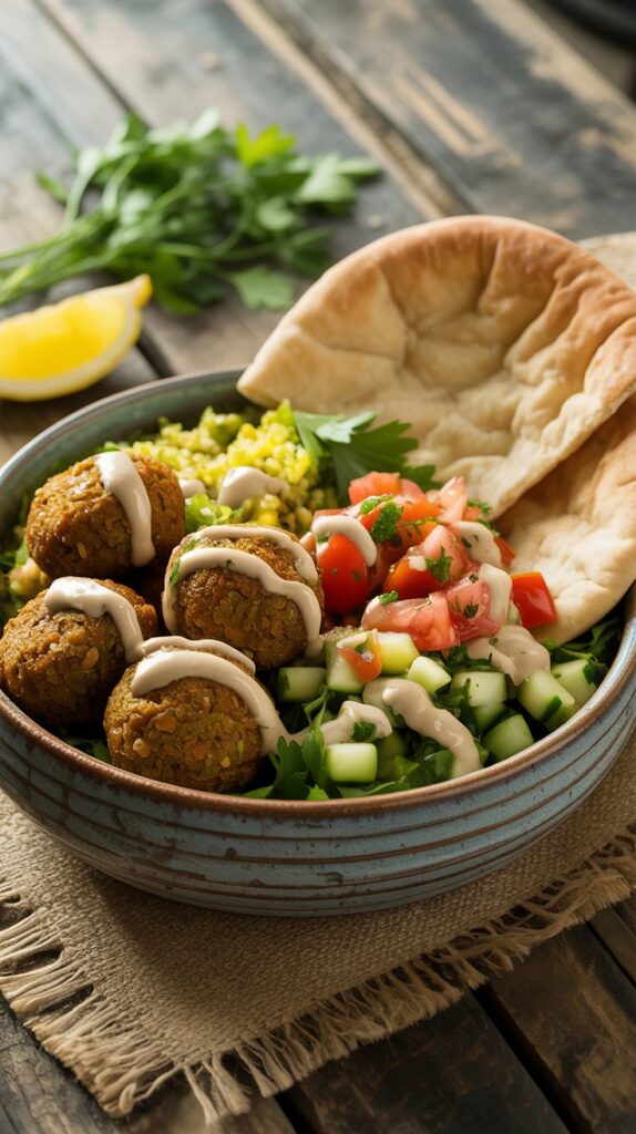 a bowl of rice and several falafel balls surrounded by Tabbouleh with pita bread