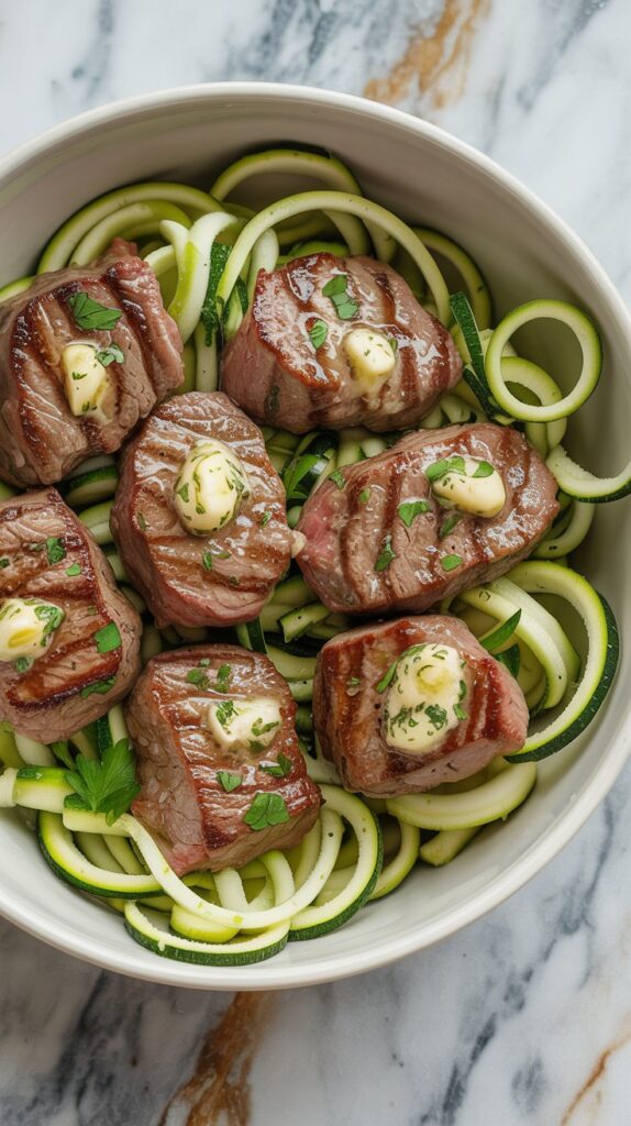 a bowl of zucchini noodles topped with steak bites surrounded by crushed garlic