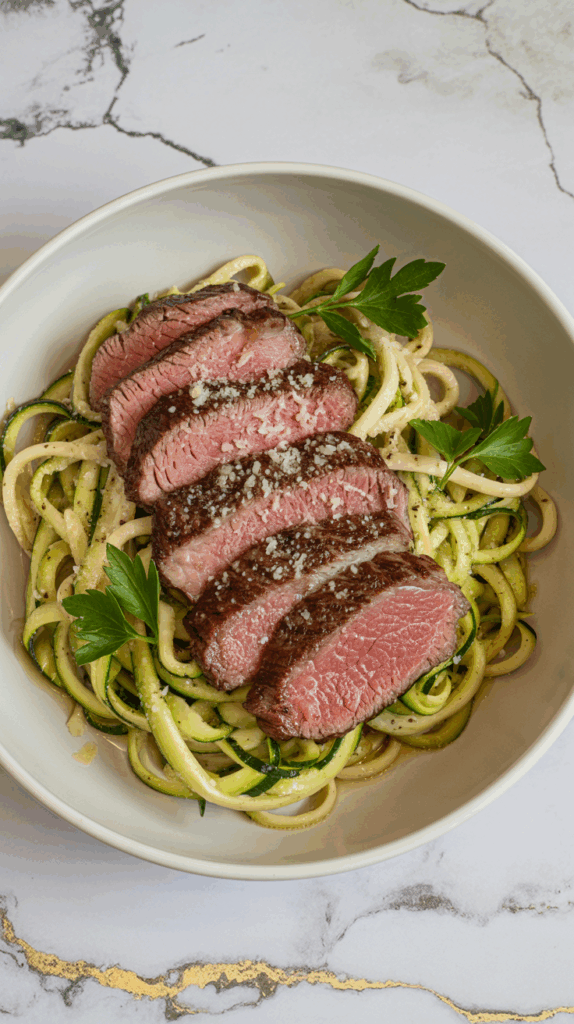 Sliced steak over sautéed zucchini noodles tossed in garlic butter, garnished with Parmesan and parsley, served in a white shallow bowl on a white countertop with grey and gold veining.