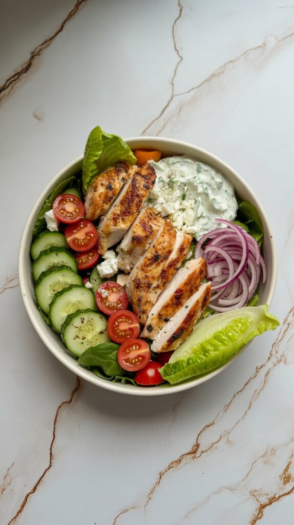 A colorful Greek-style bowl with grilled chicken thighs, romaine lettuce, cherry tomatoes, sliced cucumber, red onion, crumbled feta, and a dollop of tzatziki, served in a white bowl on a white countertop with grey and gold veining.