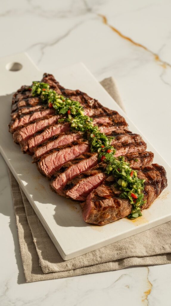 a marble plank with grilled, sliced flank steak and topped with green chimichurri