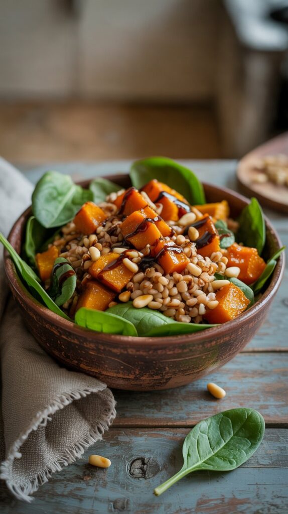a bowl of rice and chunks of squash and pine nuts with spinach