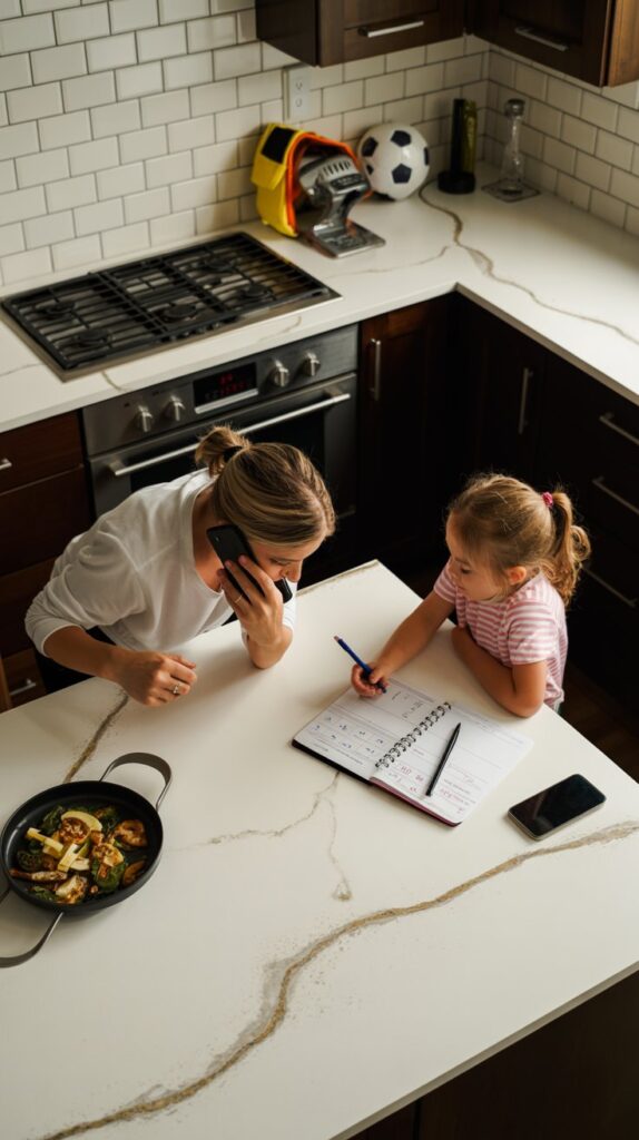 Dinner burning on the stove while a parent juggles helping a child with homework and taking a phone call. Soccer gear and a planner with appointments in the background.